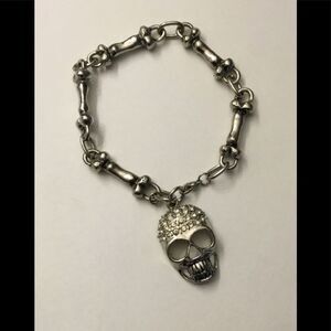 Trendy Unique Rhinestone Skull with Bone Link Charm Bracelet